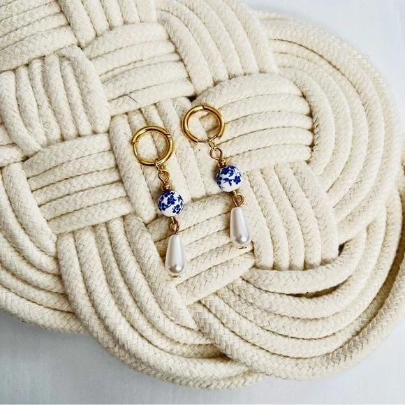 Anthropologie Blue Porcelain Pearl Drop Earrings – Gold Hoop Coastal Chic - Picture 1 of 2